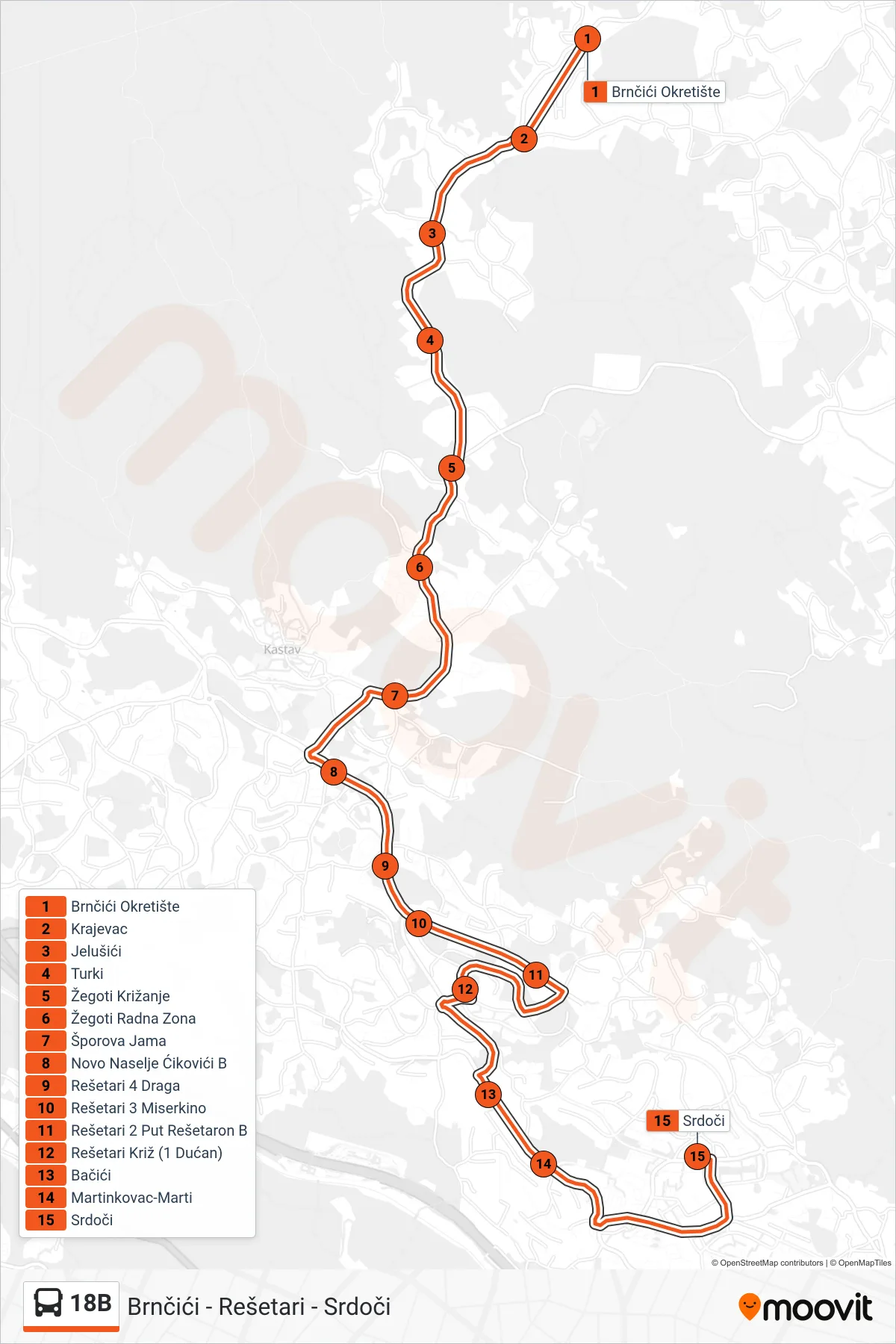 Linija 18B autobus, (Brnčići - Rešetari - Srdoči) – ruta i stanice na karti