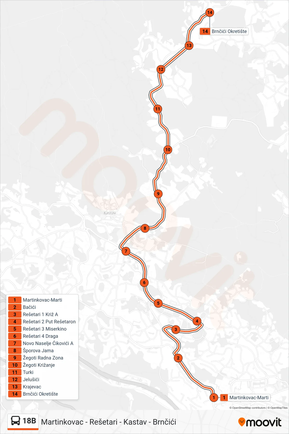 Linija 18B autobus, (Martinkovac - Rešetari - Kastav - Brnčići) – ruta i stanice na karti