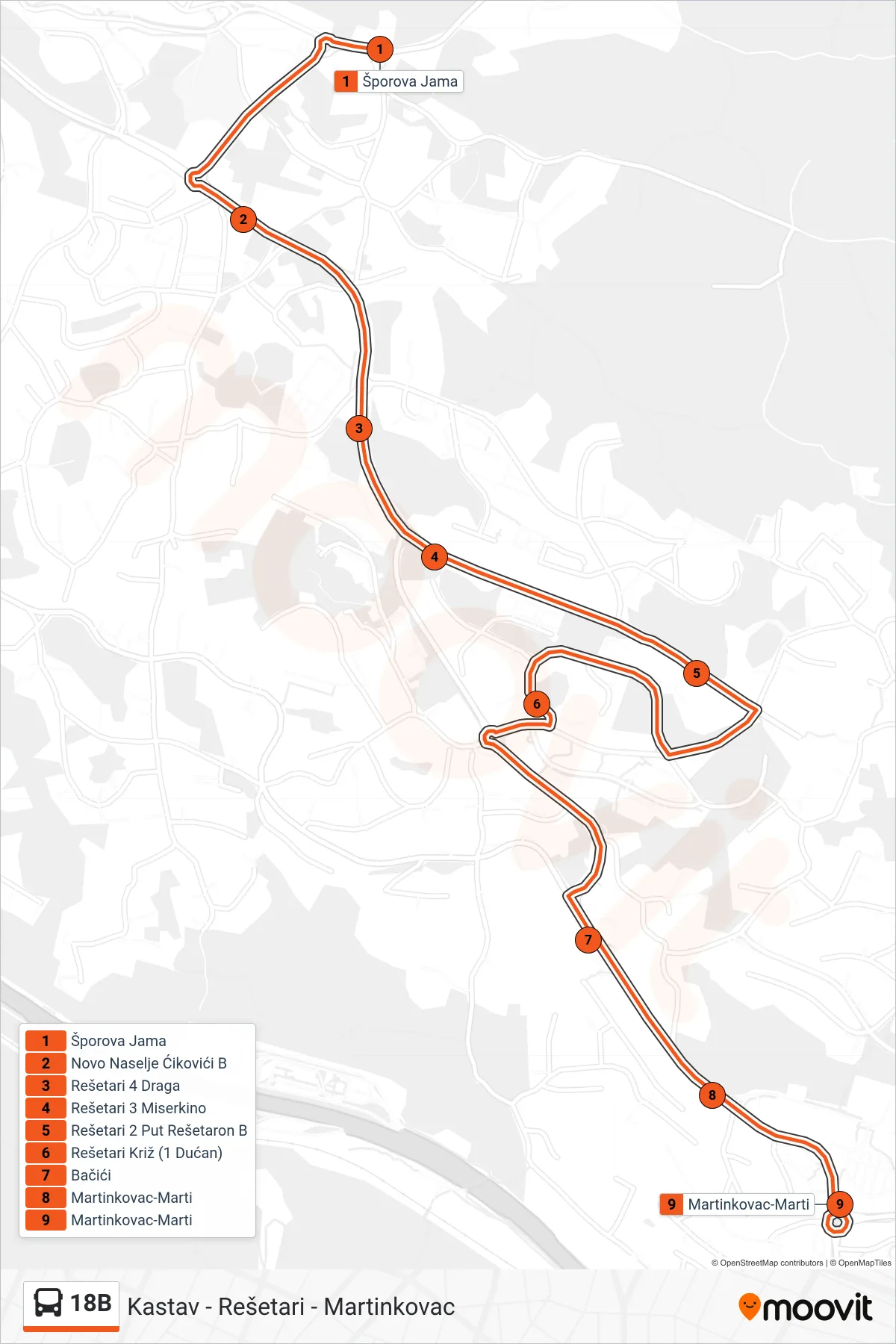 Linija 18B autobus, (Kastav - Rešetari - Martinkovac) – ruta i stanice na karti