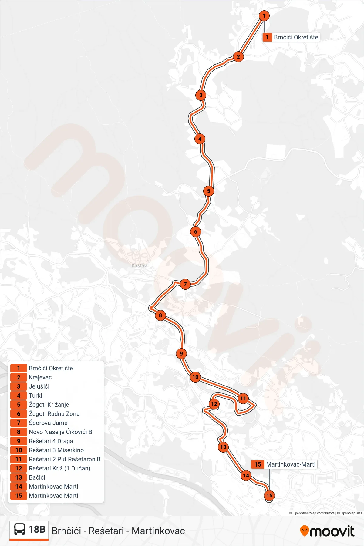 Linija 18B autobus, (Brnčići - Rešetari - Martinkovac) – ruta i stanice na karti