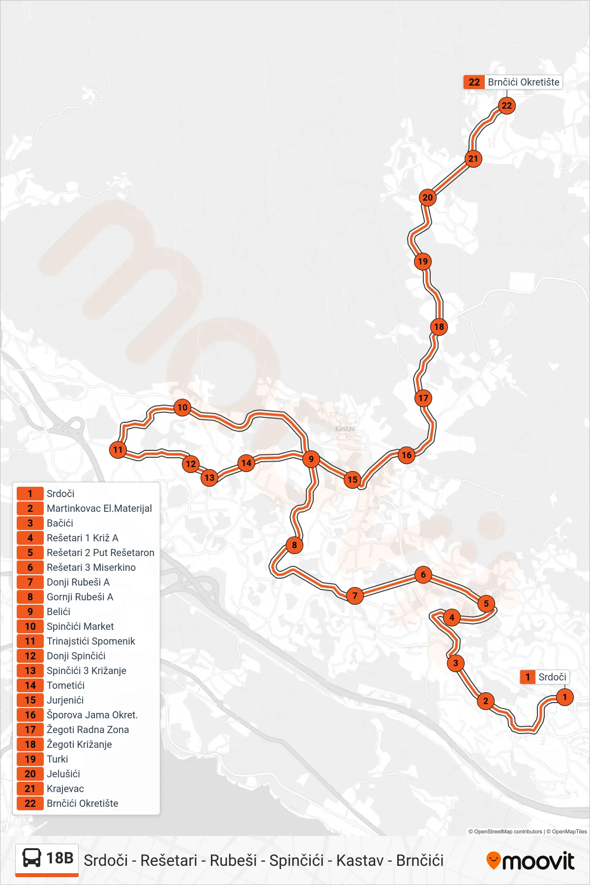 Linija 18B autobus, (Srdoči - Rešetari - Rubeši - Spinčići - Kastav - Brnčići) – ruta i stanice na karti