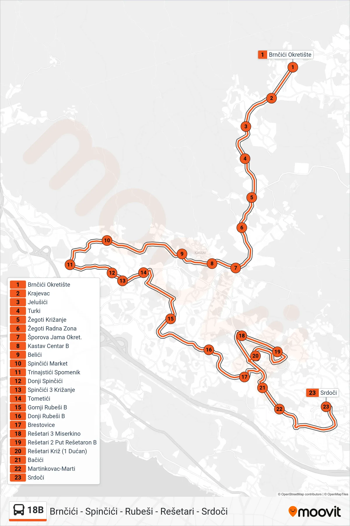 18B bus Line (Brnčići - Spinčići - Rubeši - Rešetari - Srdoči) route and stops on a map