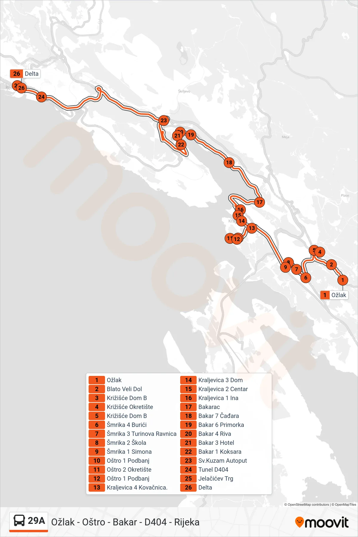 Linija 29A autobus, (Ožlak - Oštro - Bakar - D404 - Rijeka) – ruta i stanice na karti