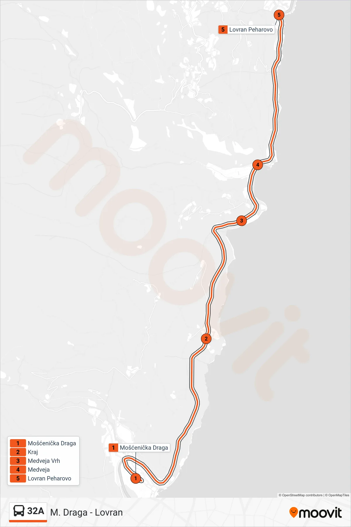 Linija 32A autobus, (M. Draga - Lovran) – ruta i stanice na karti