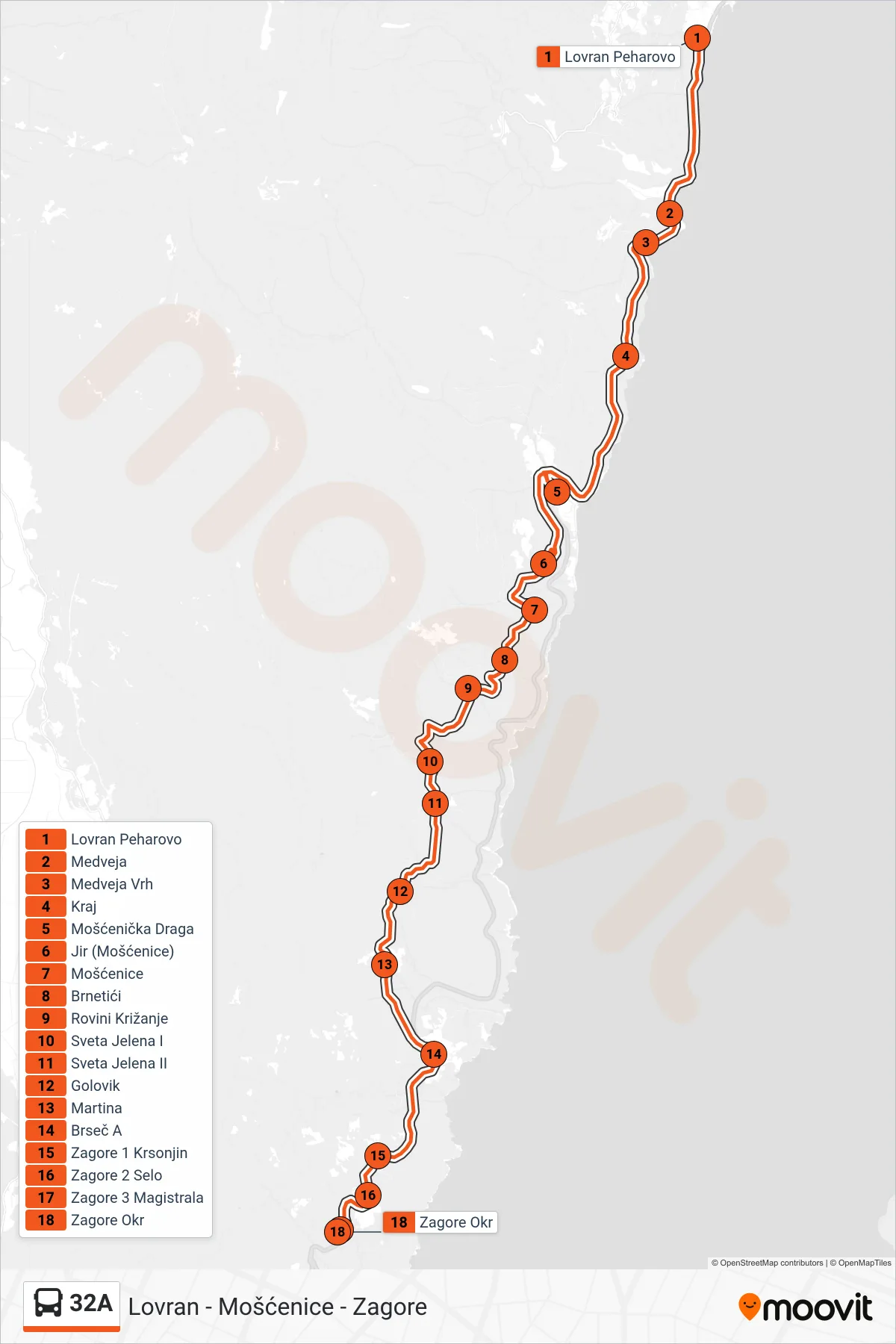 Linija 32A autobus, (Lovran - Mošćenice - Zagore) – ruta i stanice na karti