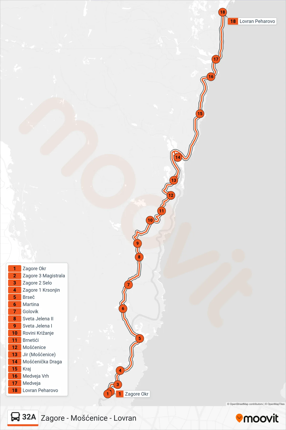 Linija 32A autobus, (Zagore - Mošćenice - Lovran) – ruta i stanice na karti