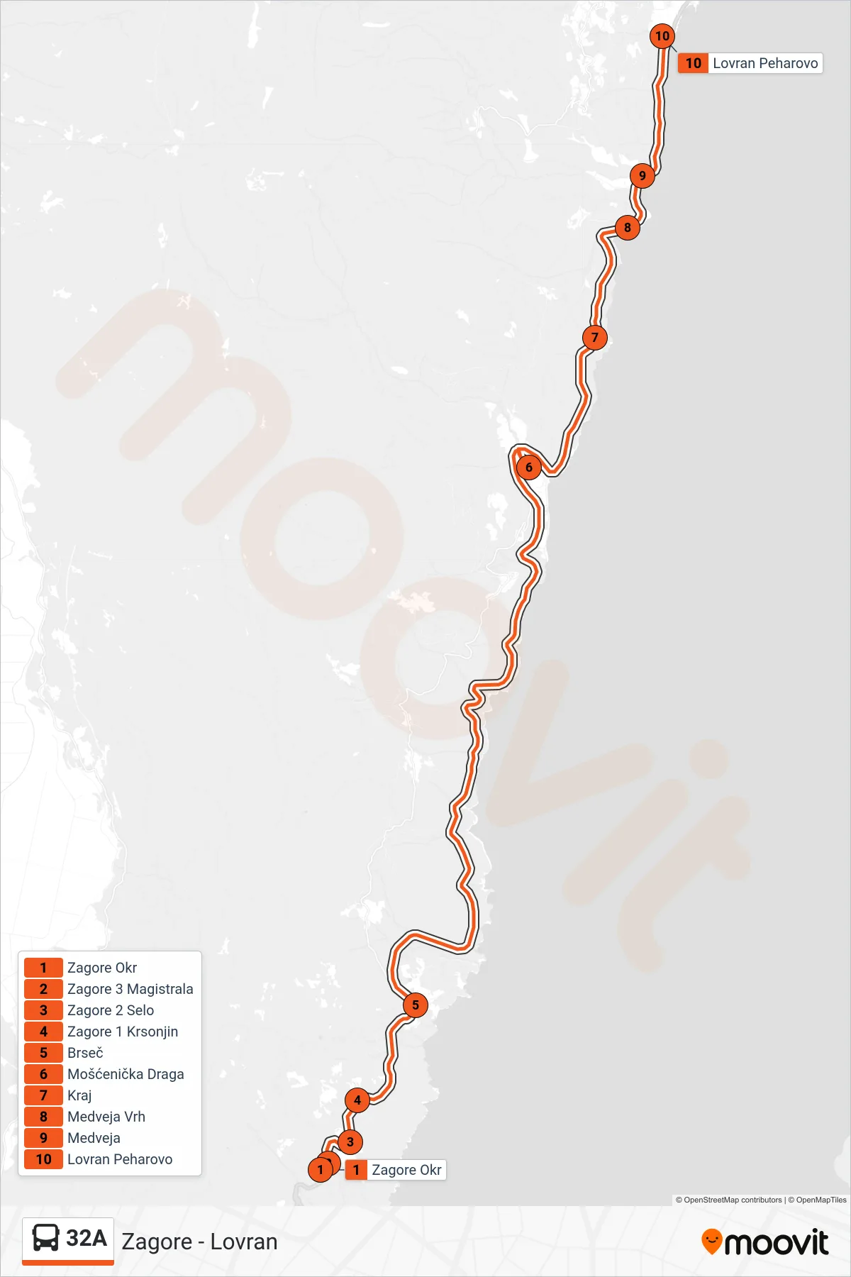 Linija 32A autobus, (Zagore - Lovran) – ruta i stanice na karti