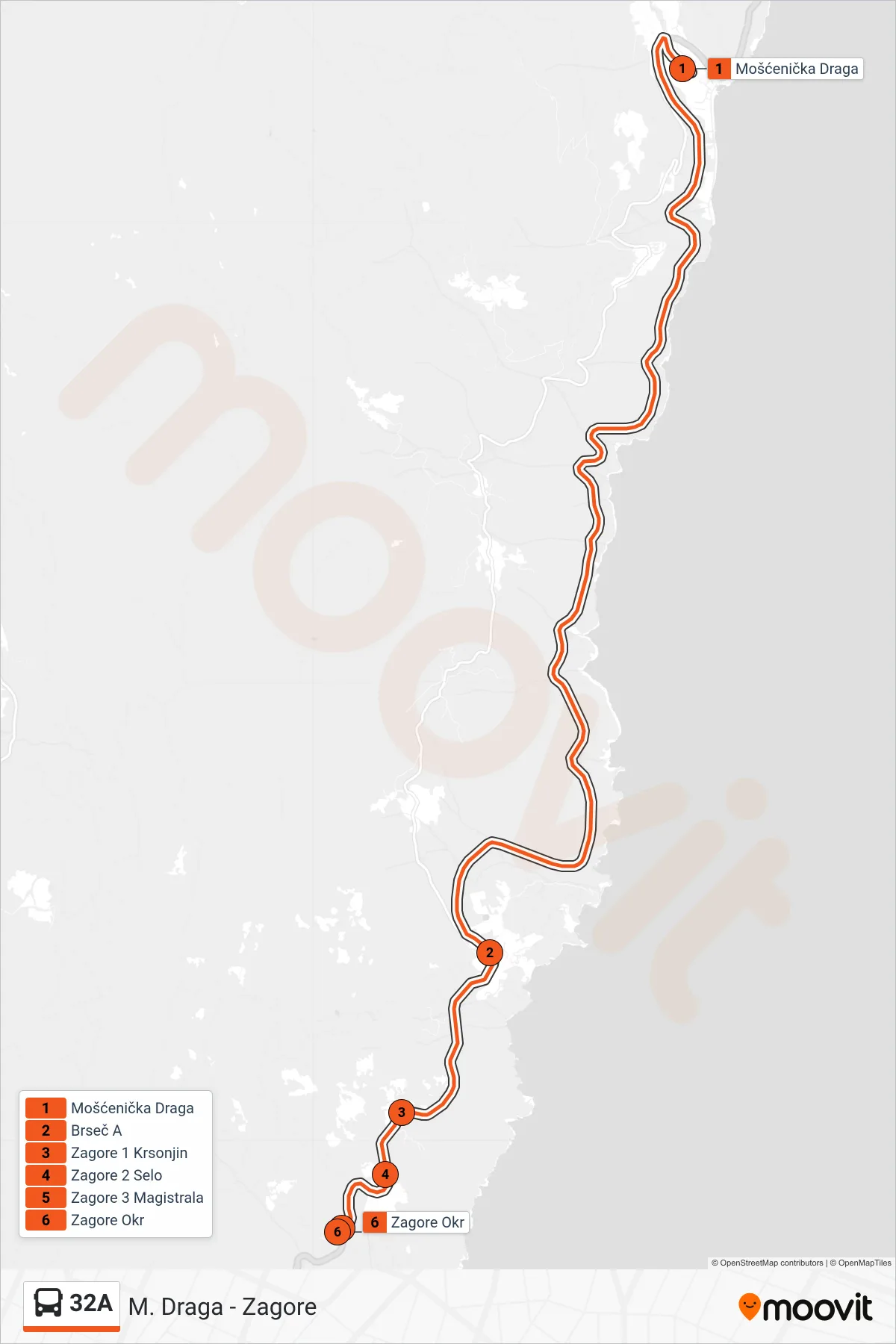 Linija 32A autobus, (M. Draga - Zagore) – ruta i stanice na karti