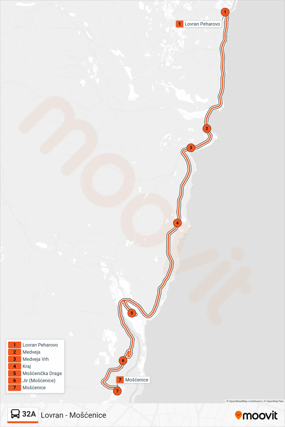 32A bus Line (Lovran - Mošćenice) route and stops on a map