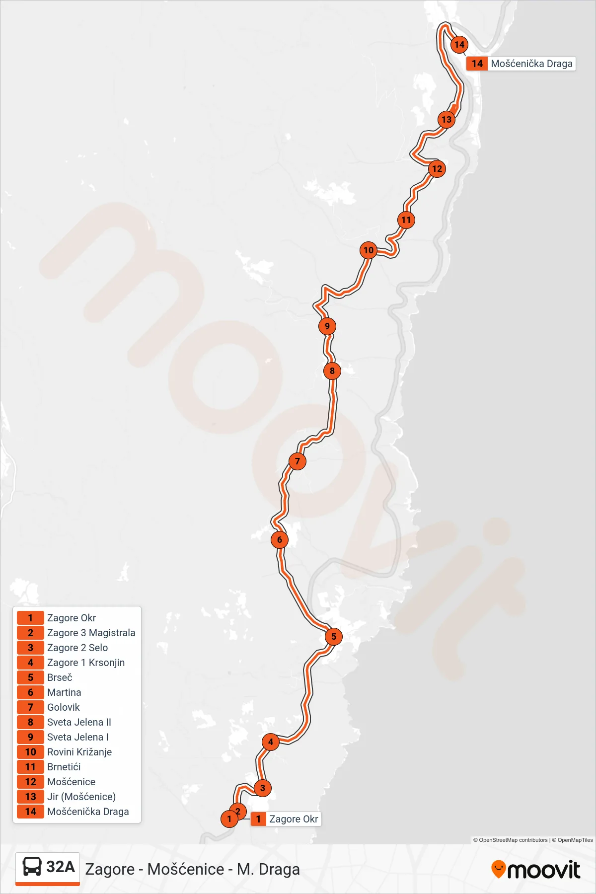 32A bus Line (Zagore - Mošćenice - M. Draga) route and stops on a map