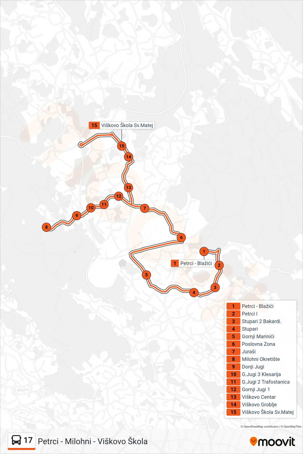 Linija 17 autobus, (Petrci - Milohni - Viškovo Škola) – ruta i stanice na karti
