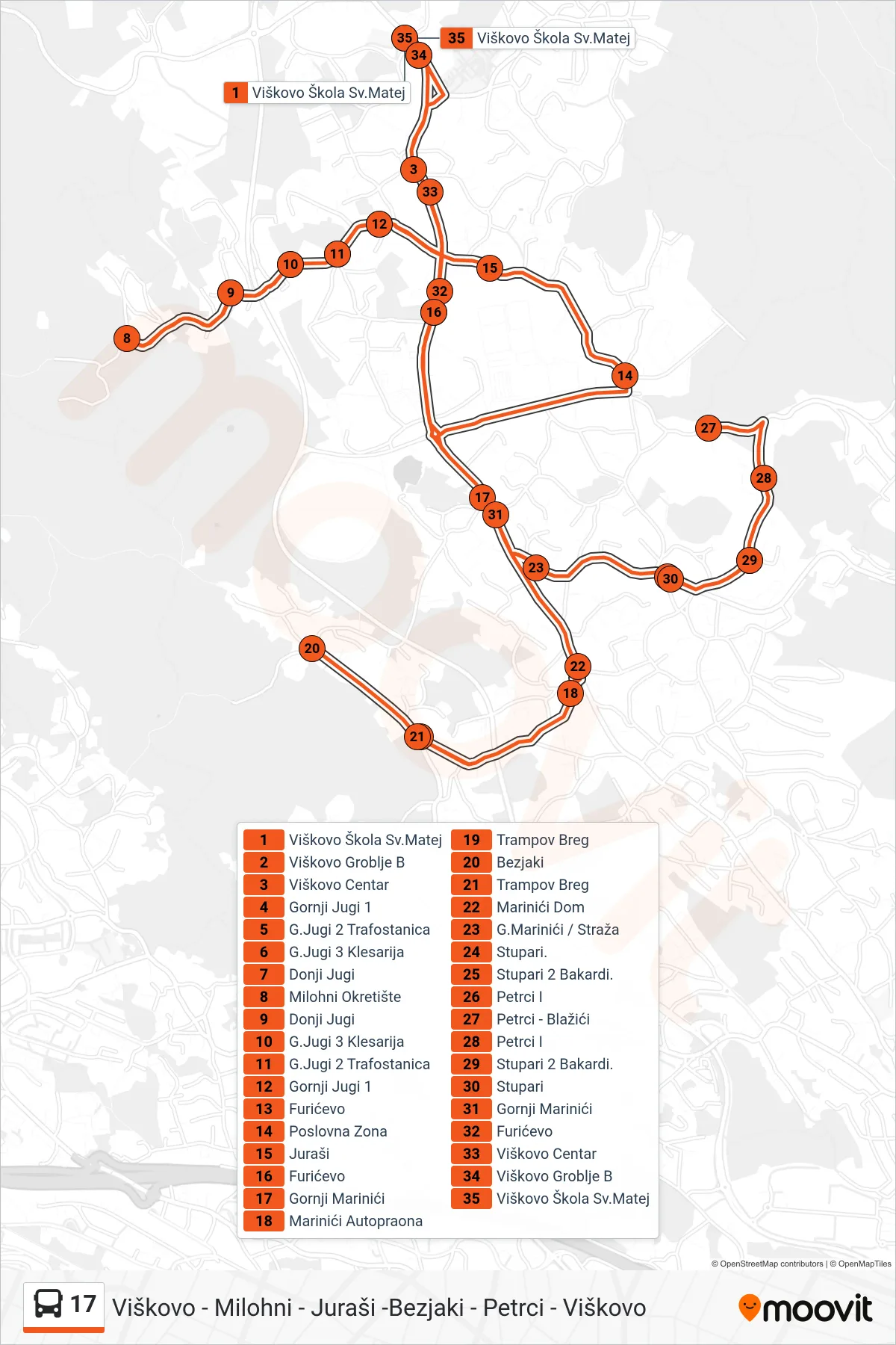 Linija 17 autobus, (Viškovo - Milohni - Juraši -Bezjaki - Petrci - Viškovo) – ruta i stanice na karti