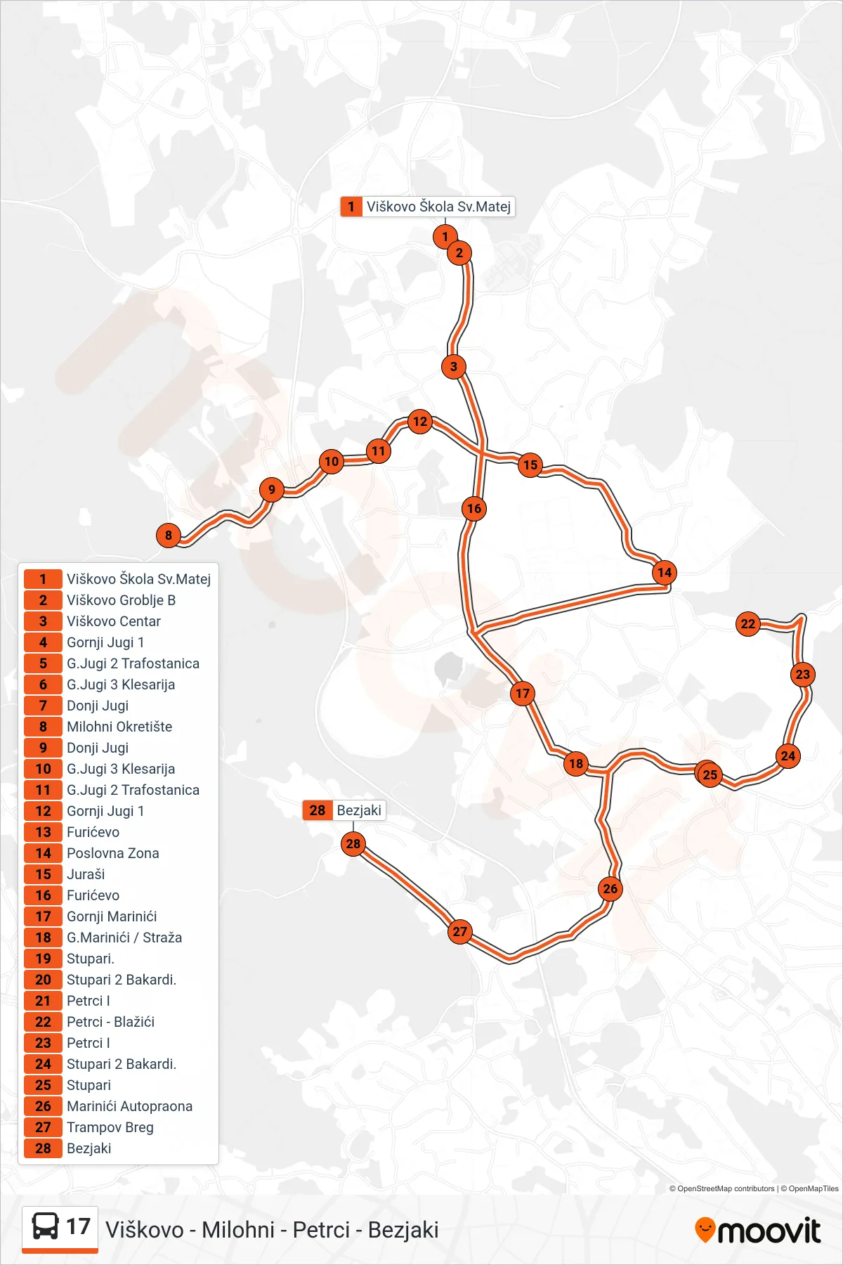 Linija 17 autobus, (Viškovo - Milohni - Petrci - Bezjaki) – ruta i stanice na karti