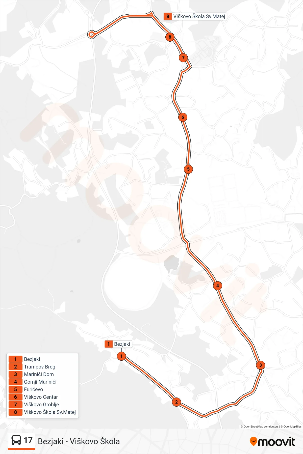 17 bus Line (Bezjaki - Viškovo Škola) route and stops on a map