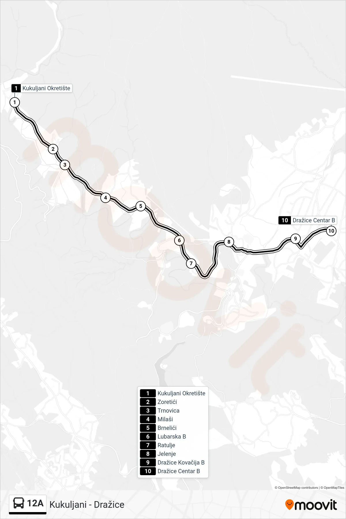 Linija 12A autobus, (Kukuljani - Dražice) – ruta i stanice na karti