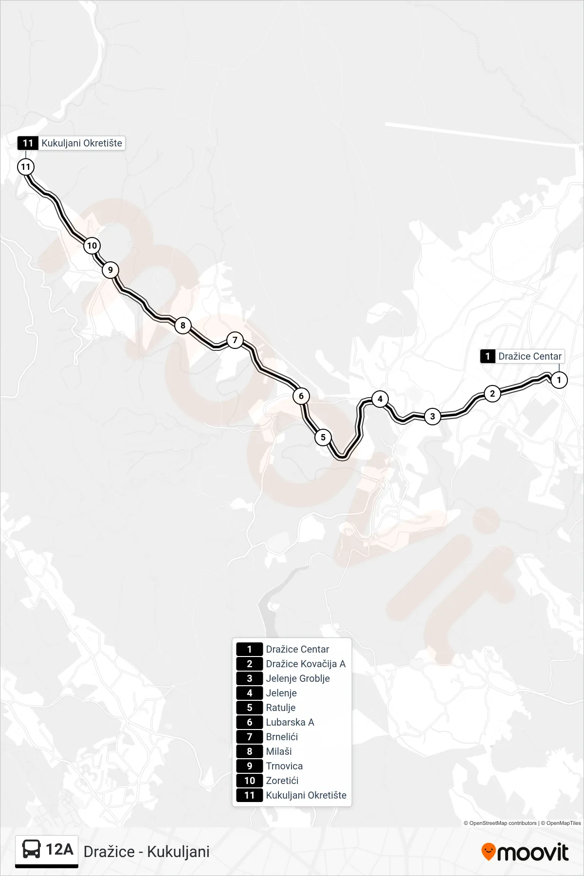 Linija 12A autobus, (Dražice - Kukuljani) – ruta i stanice na karti