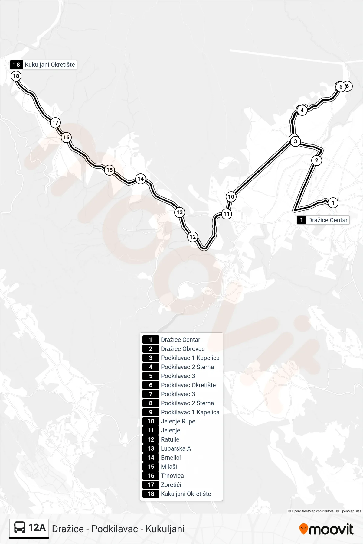 Linija 12A autobus, (Dražice - Podkilavac - Kukuljani) – ruta i stanice na karti