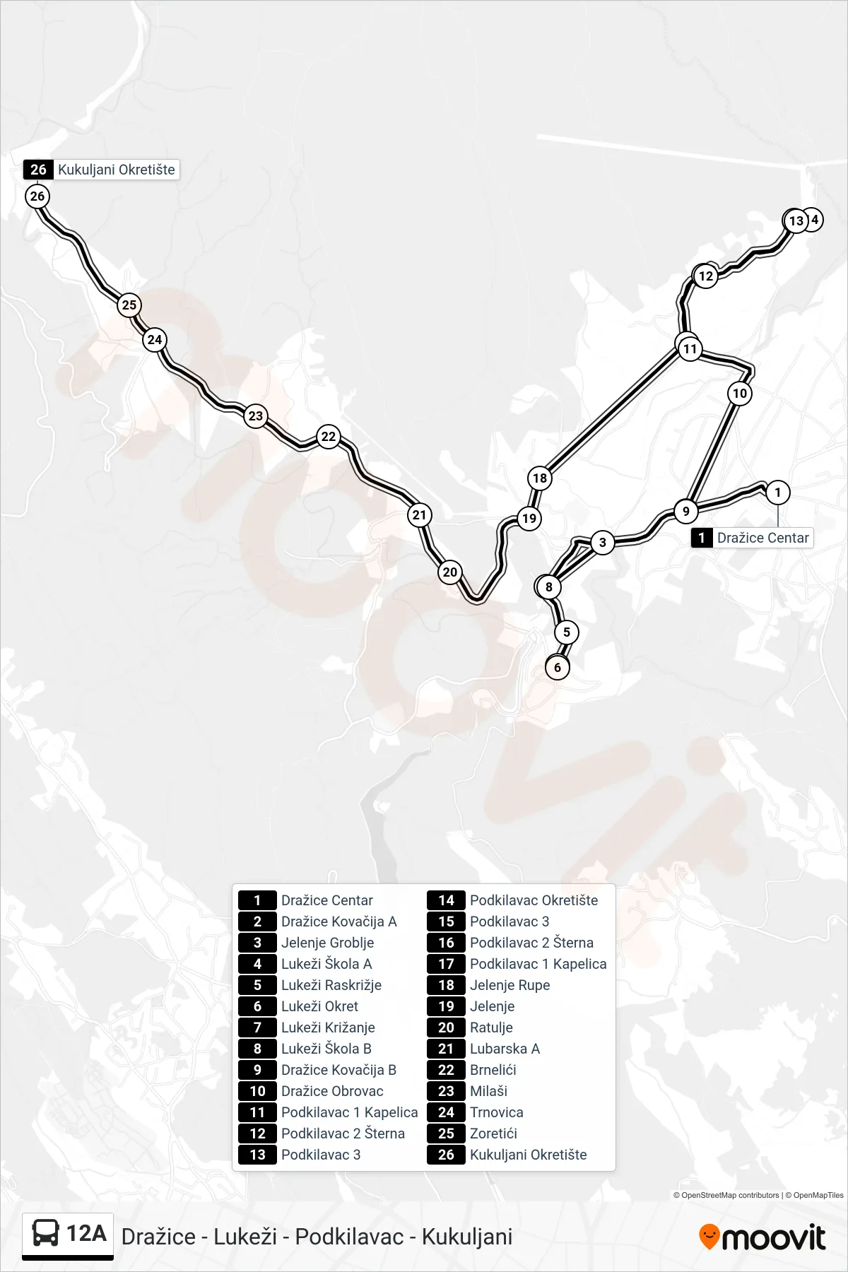 Linija 12A autobus, (Dražice - Lukeži - Podkilavac - Kukuljani) – ruta i stanice na karti