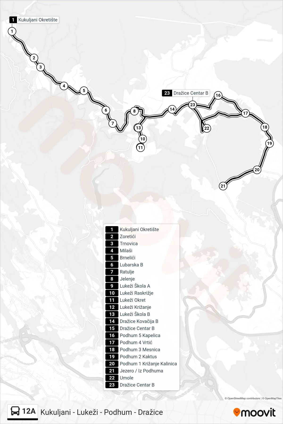Linija 12A autobus, (Kukuljani - Lukeži - Podhum - Dražice) – ruta i stanice na karti
