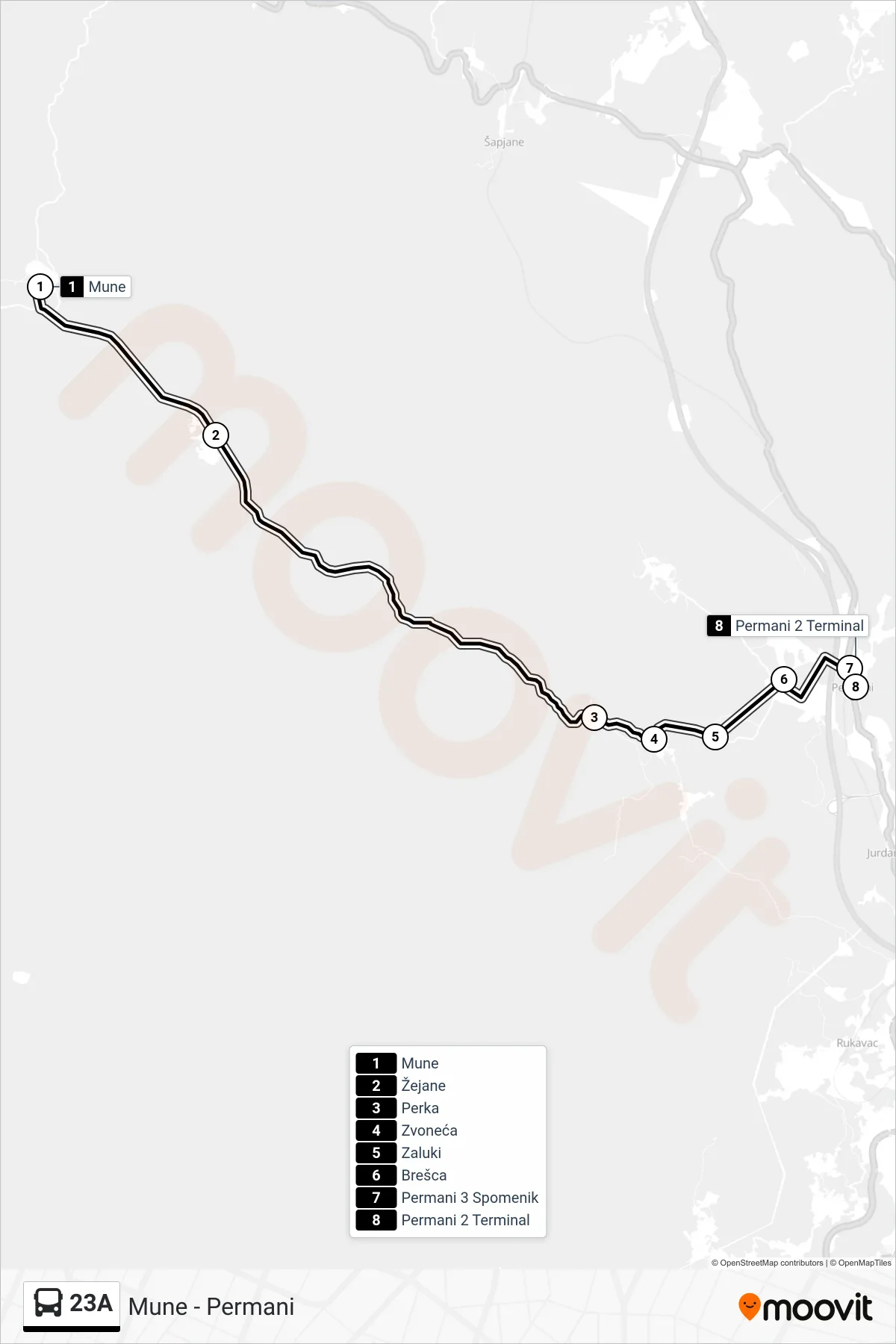 Linija 23A autobus, (Mune - Permani) – ruta i stanice na karti