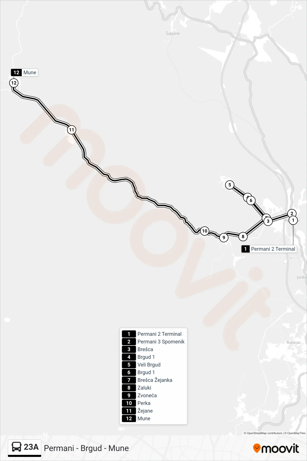Linija 23A autobus, (Permani - Brgud - Mune) – ruta i stanice na karti