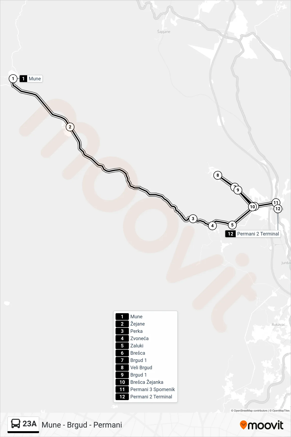 Linija 23A autobus, (Mune - Brgud - Permani) – ruta i stanice na karti