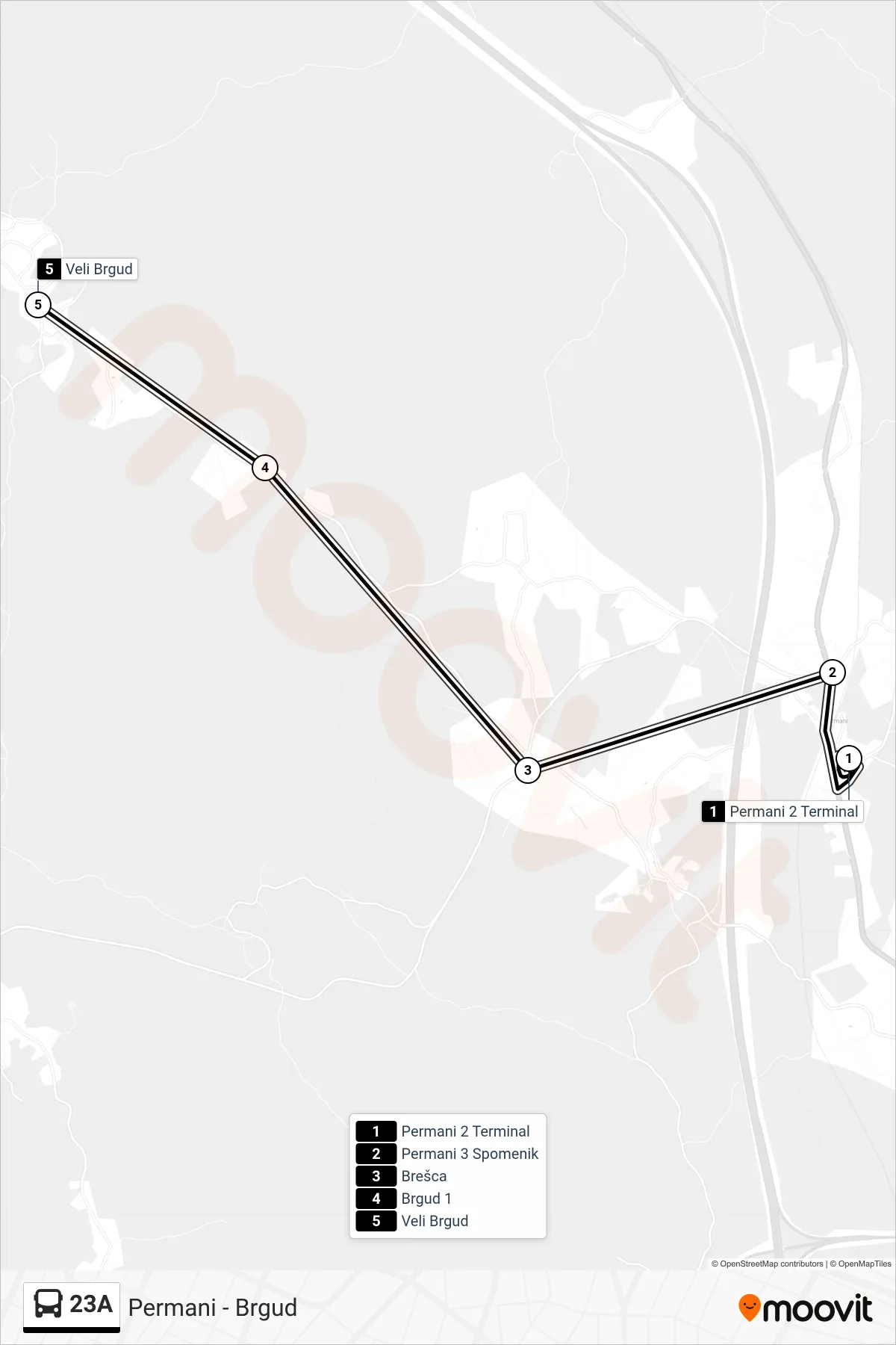 Linija 23A autobus, (Permani - Brgud) – ruta i stanice na karti