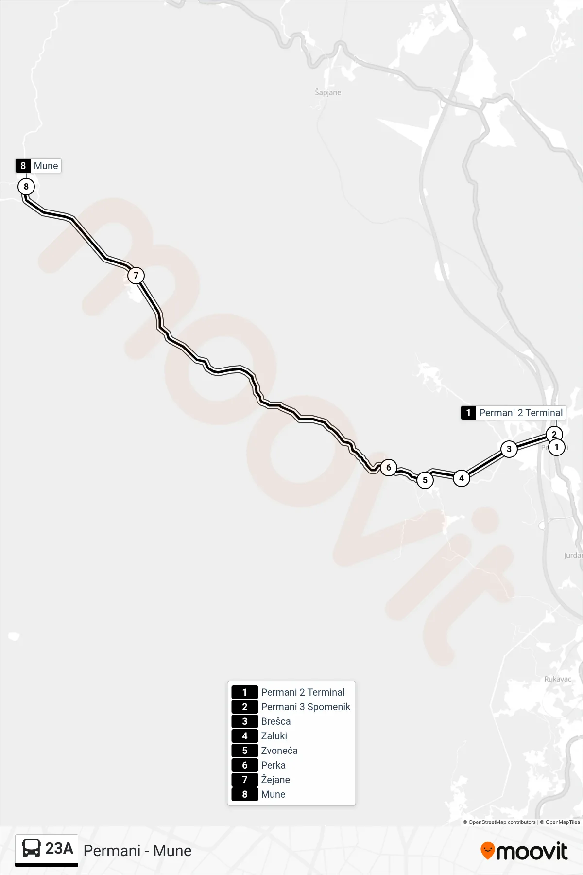 Linija 23A autobus, (Permani - Mune) – ruta i stanice na karti