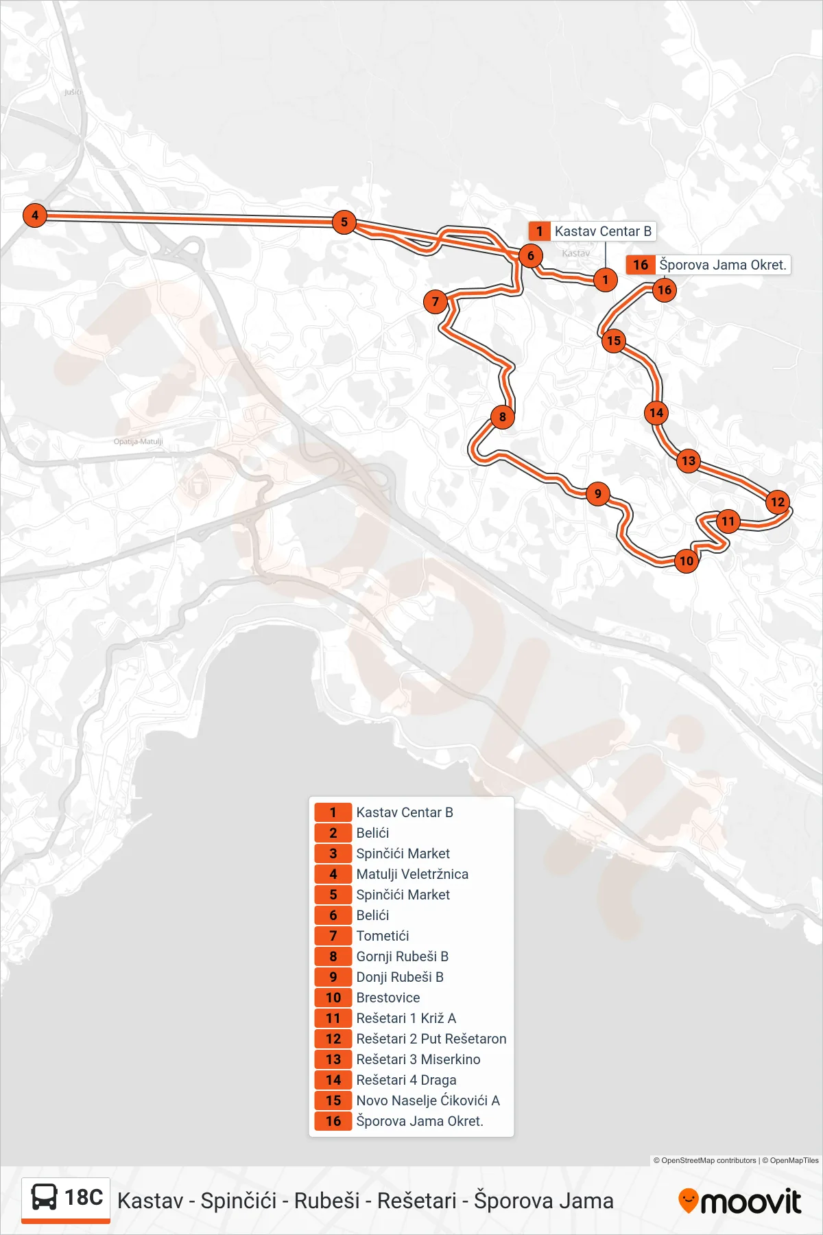 Linija 18C autobus, (Kastav - Spinčići - Rubeši - Rešetari - Šporova Jama) – ruta i stanice na karti