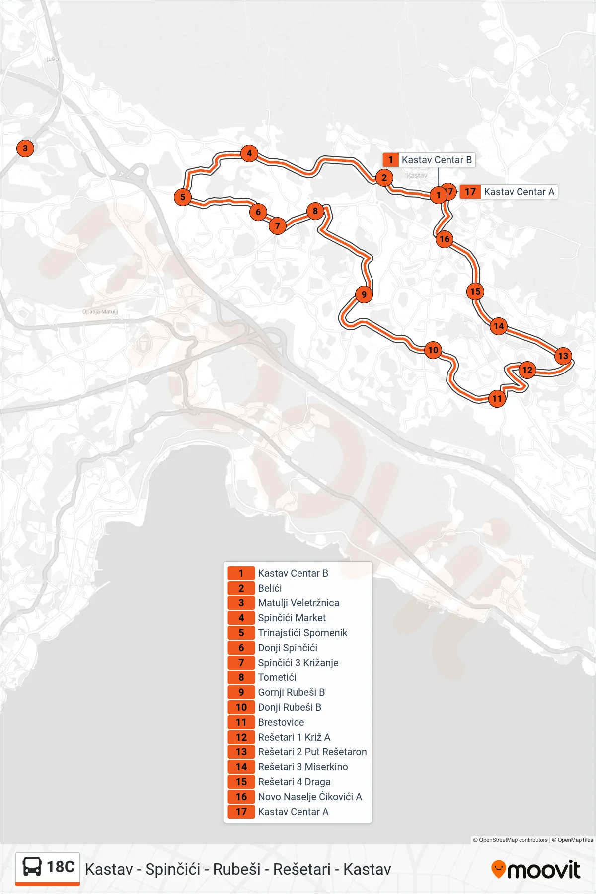 Linija 18C autobus, (Kastav - Spinčići - Rubeši - Rešetari - Kastav) – ruta i stanice na karti