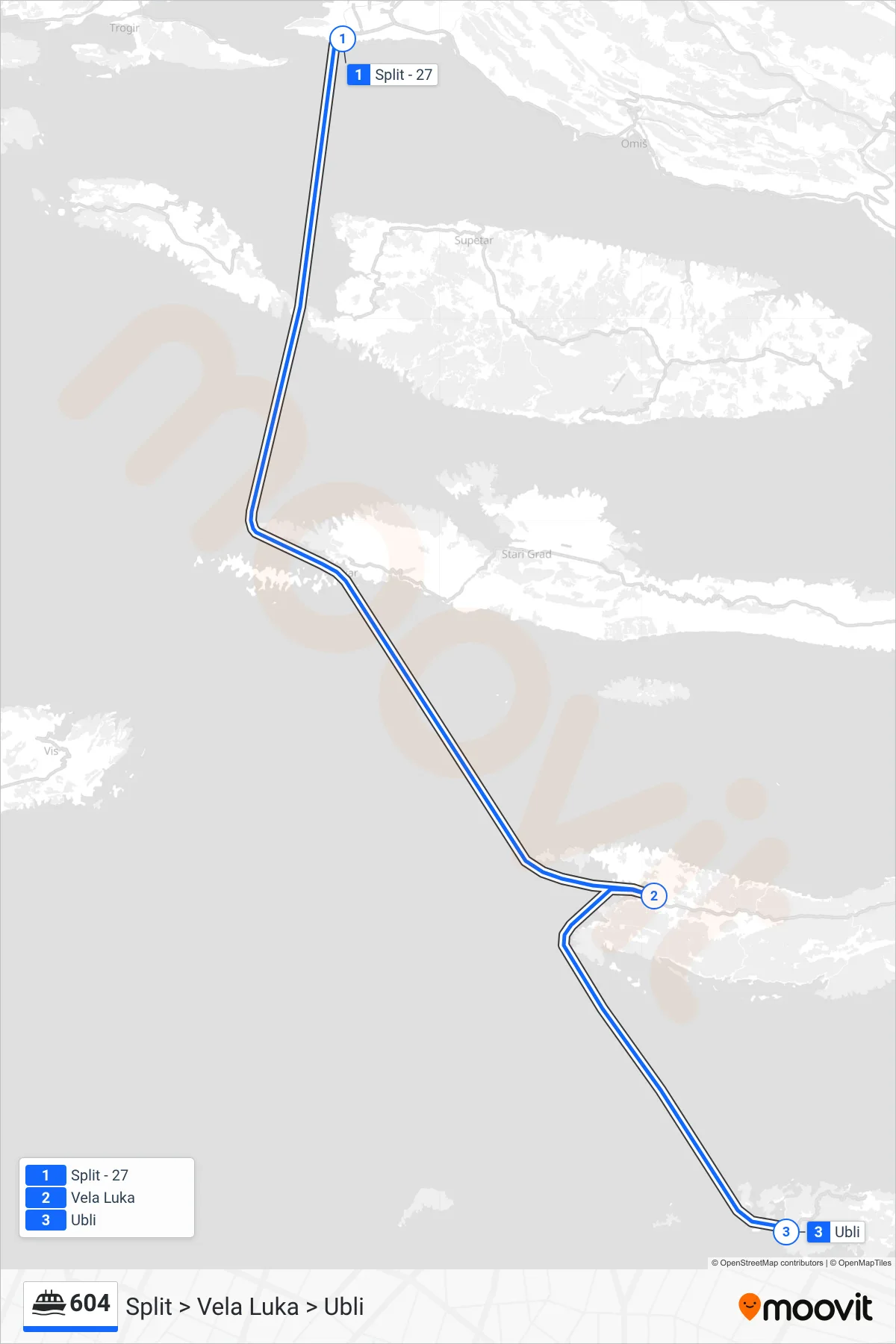 Linija 604 trajekt, (Split > Vela Luka > Ubli) – ruta i stanice na karti