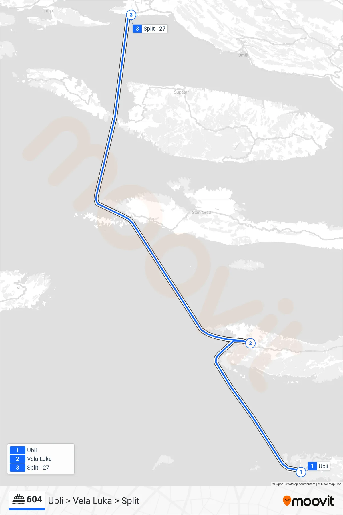604 ferry Line (Ubli > Vela Luka > Split) route and stops on a map