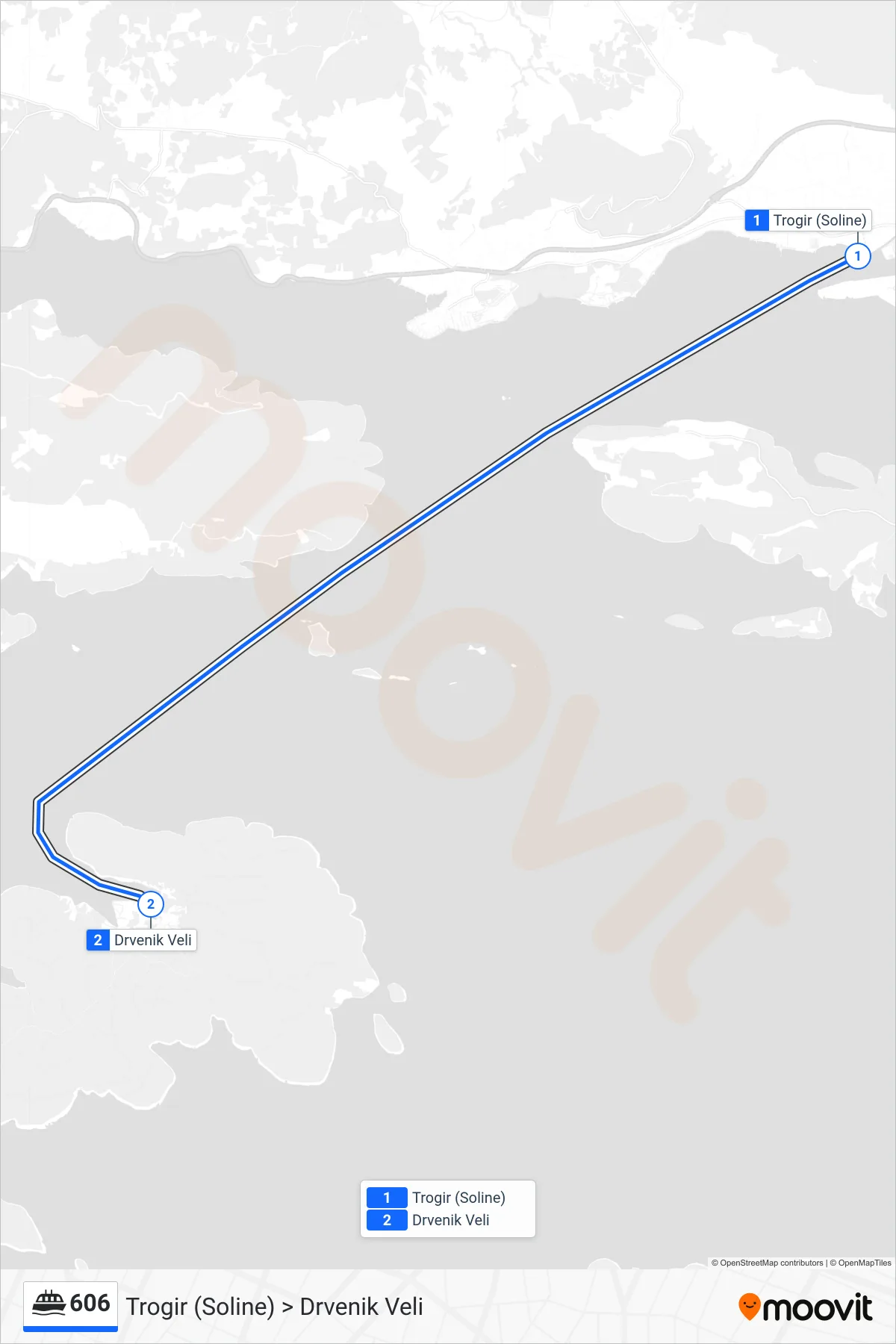 606 ferry Line (Trogir (Soline) > Drvenik Veli) route and stops on a map