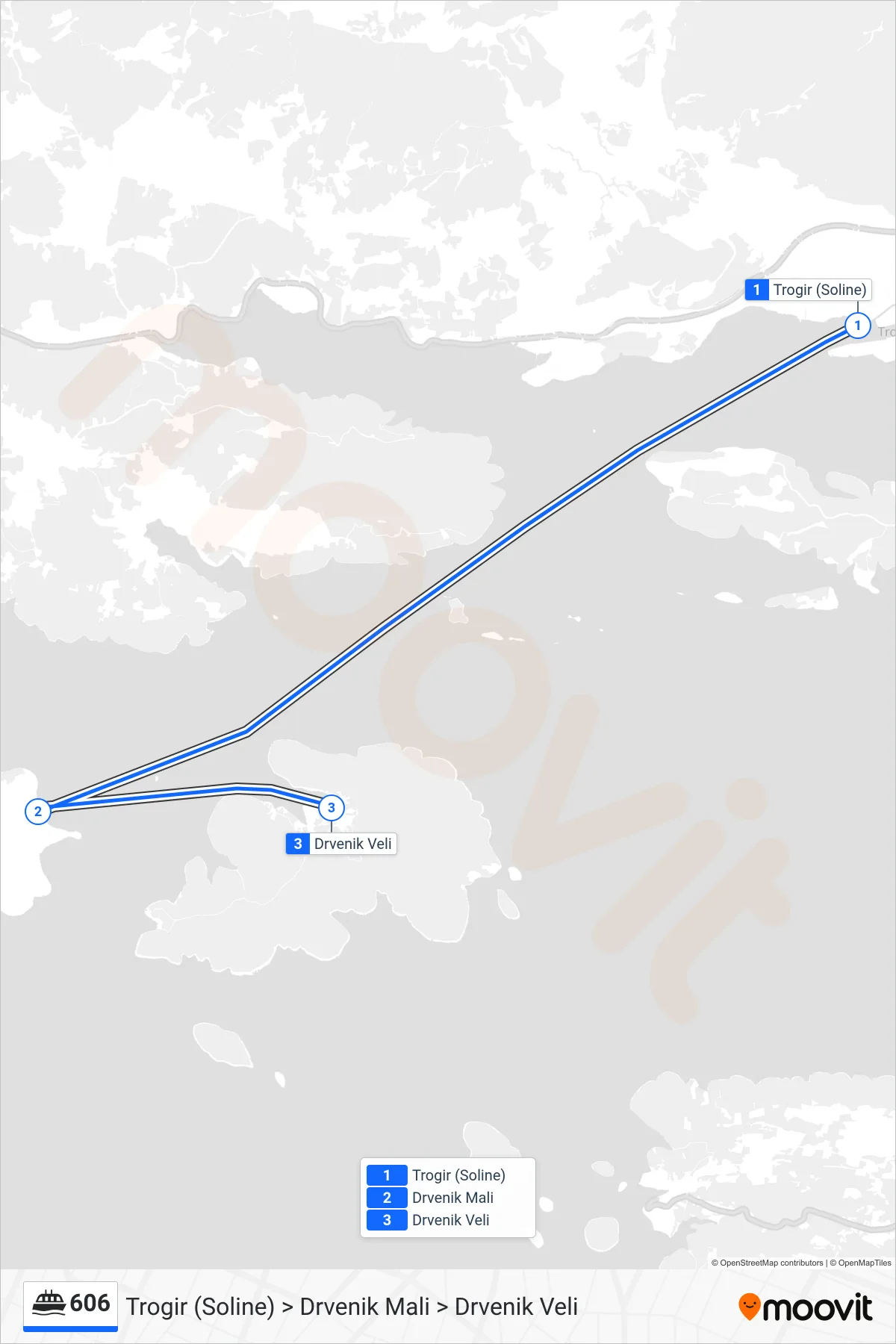 Linija 606 trajekt, (Trogir (Soline) > Drvenik Mali > Drvenik Veli) – ruta i stanice na karti