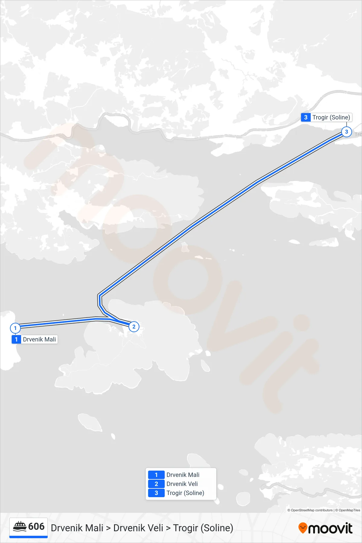 606 ferry Line (Drvenik Mali > Drvenik Veli > Trogir (Soline)) route and stops on a map