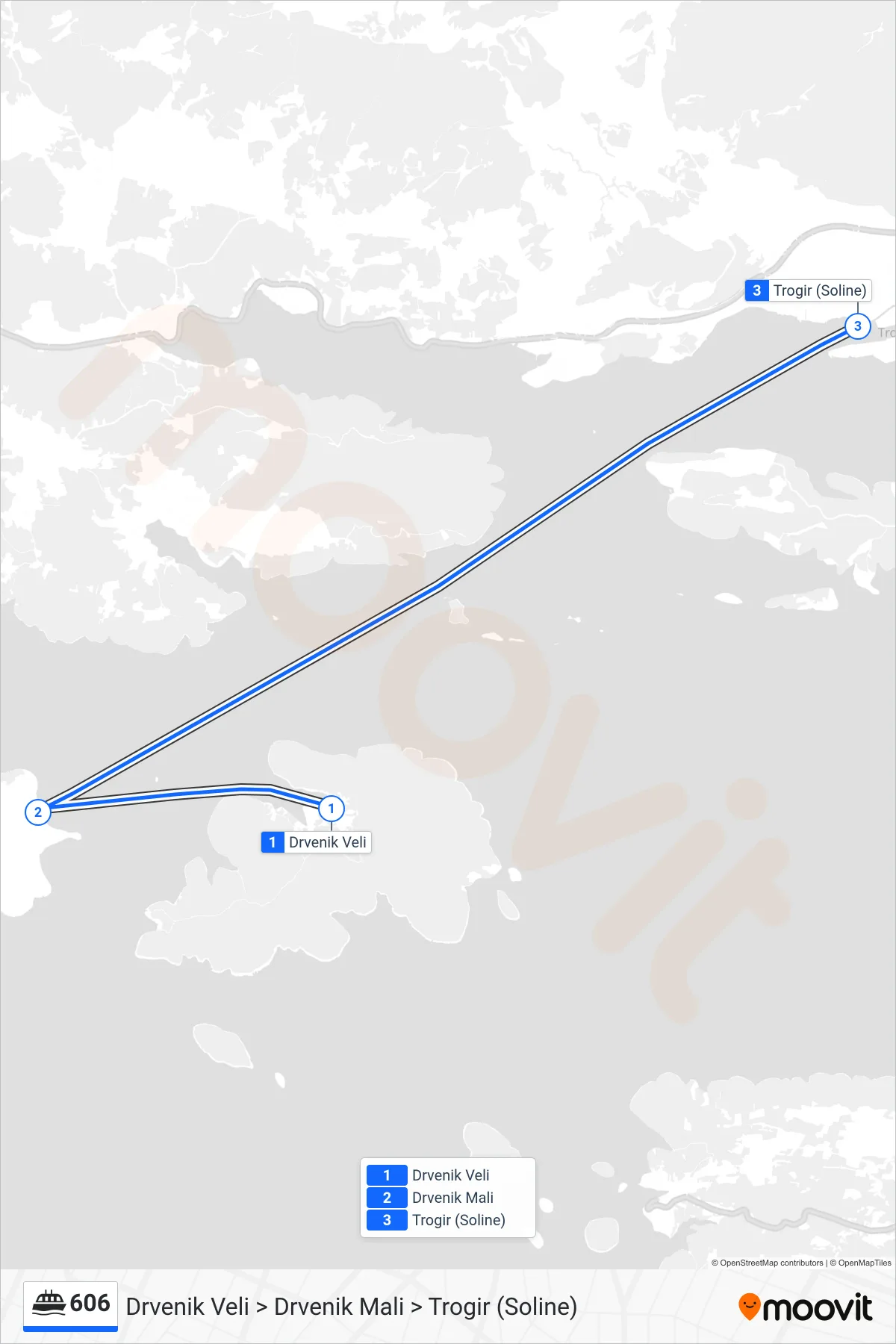 606 ferry Line (Drvenik Veli > Drvenik Mali > Trogir (Soline)) route and stops on a map