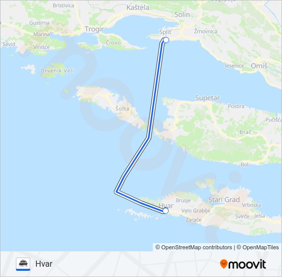 SPLIT - HVAR Ferry Line Map