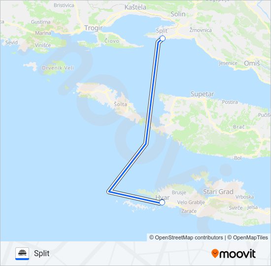 SPLIT - HVAR trajekt karta linije