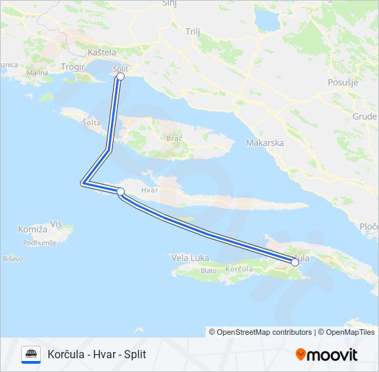 SPLIT - HVAR - KORČULA trajekt karta linije