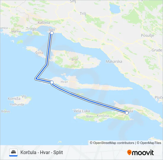 SPLIT - HVAR - KORČULA Ferry Line Map