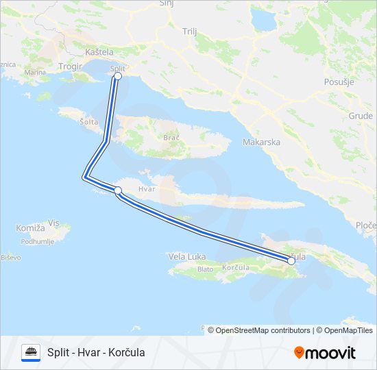 SPLIT - HVAR - KORČULA Ferry Line Map