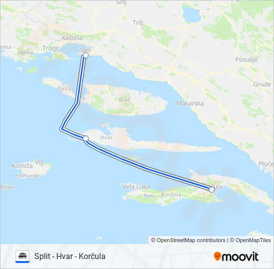 SPLIT - HVAR - KORČULA Ferry Line Map