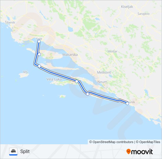 SPLIT - MILNA (BRAČ) - HVAR - KORČULA - POMENA (MLJET) - DUBROVNIK trajekt karta linije