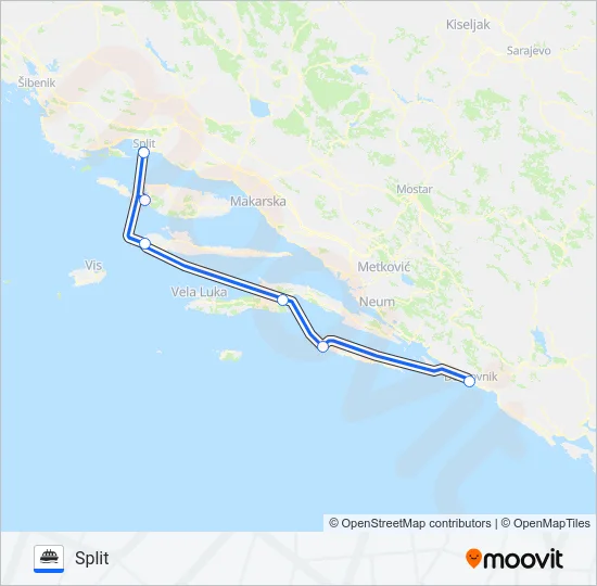 SPLIT - MILNA (BRAČ) - HVAR - KORČULA - POMENA (MLJET) - DUBROVNIK Ferry Line Map