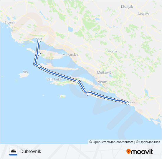 SPLIT - MILNA (BRAČ) - HVAR - KORČULA - POMENA (MLJET) - DUBROVNIK trajekt karta linije