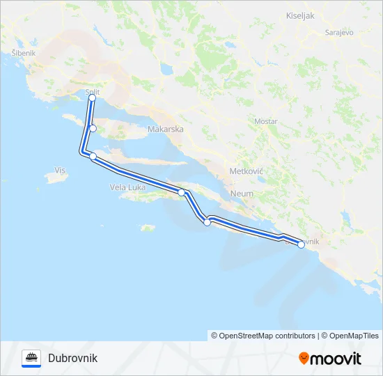 SPLIT - MILNA (BRAČ) - HVAR - KORČULA - POMENA (MLJET) - DUBROVNIK Ferry Line Map