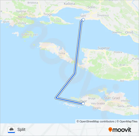 SPLIT - HVAR Ferry Line Map