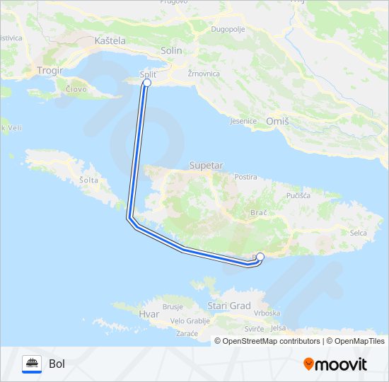 SPLIT - BOL (BRAČ) - HVAR - RESNIK (ZRAČNA LUKA SPLIT) Ferry Line Map