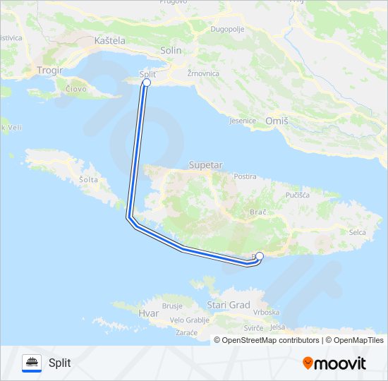 SPLIT - BOL (BRAČ) - HVAR - RESNIK (ZRAČNA LUKA SPLIT) Ferry Line Map