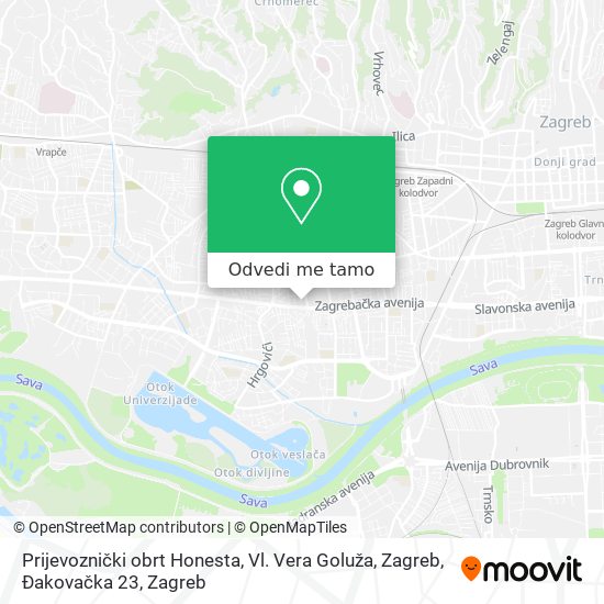 Karta Prijevoznički obrt Honesta, Vl. Vera Goluža, Zagreb, Đakovačka 23